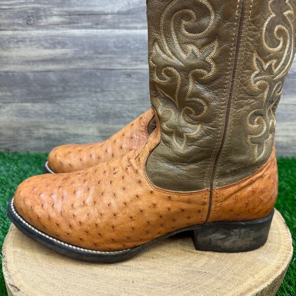 Goyazes Men - Size 9 - Olive Green/Tan Ostrich Cowboy Boots Style 359340 - Picture 6 of 11